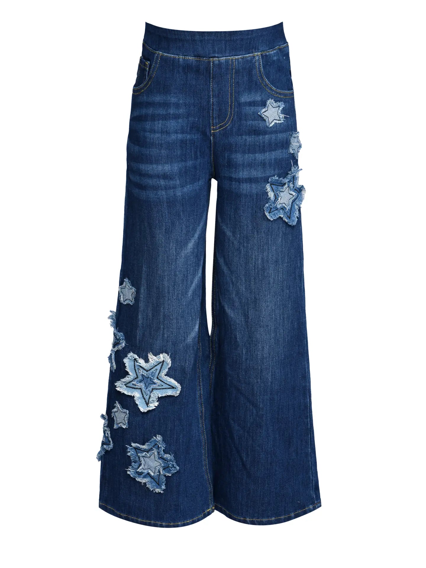 Blue jeans with star patches on a white background