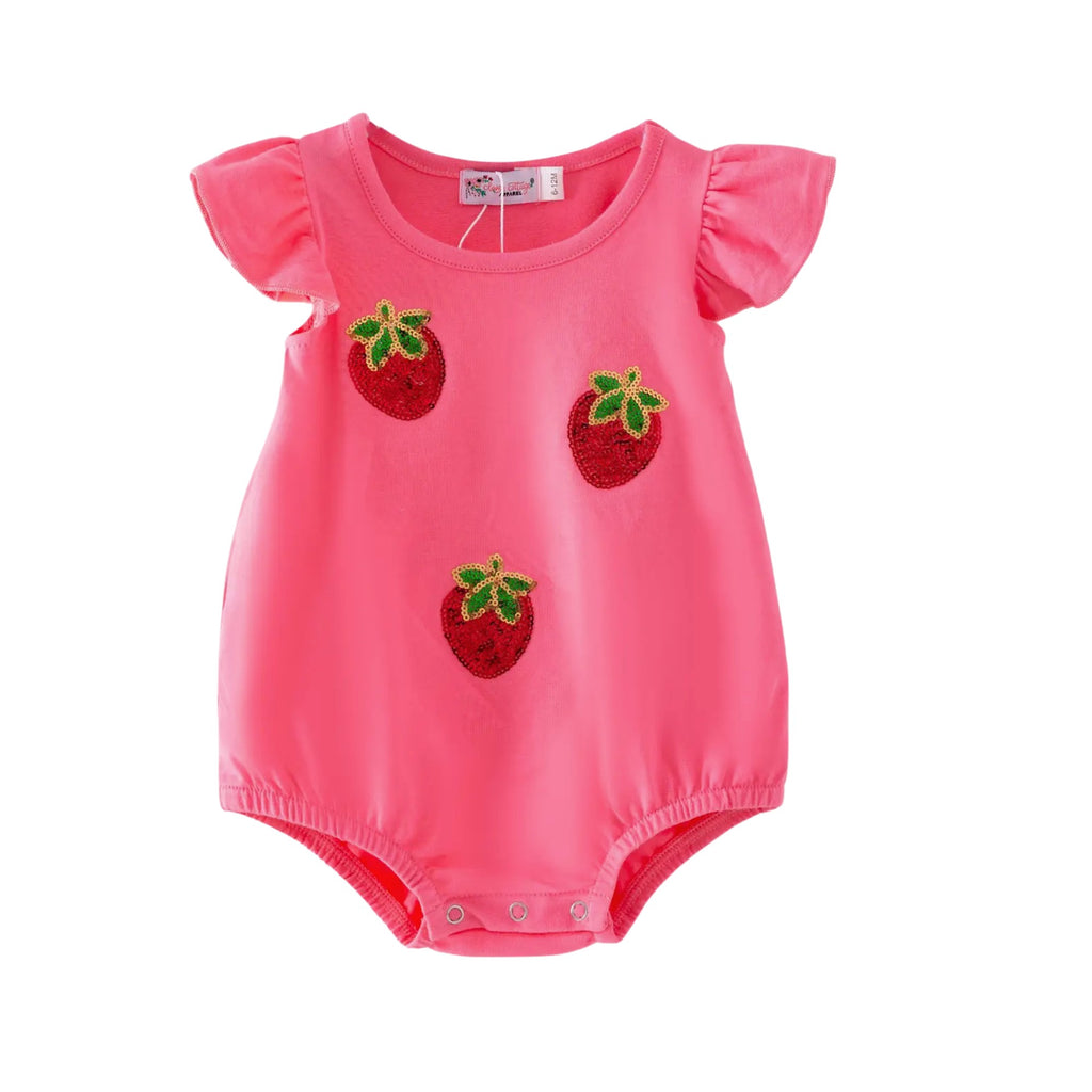 Pink baby romper with strawberry designs on a white background