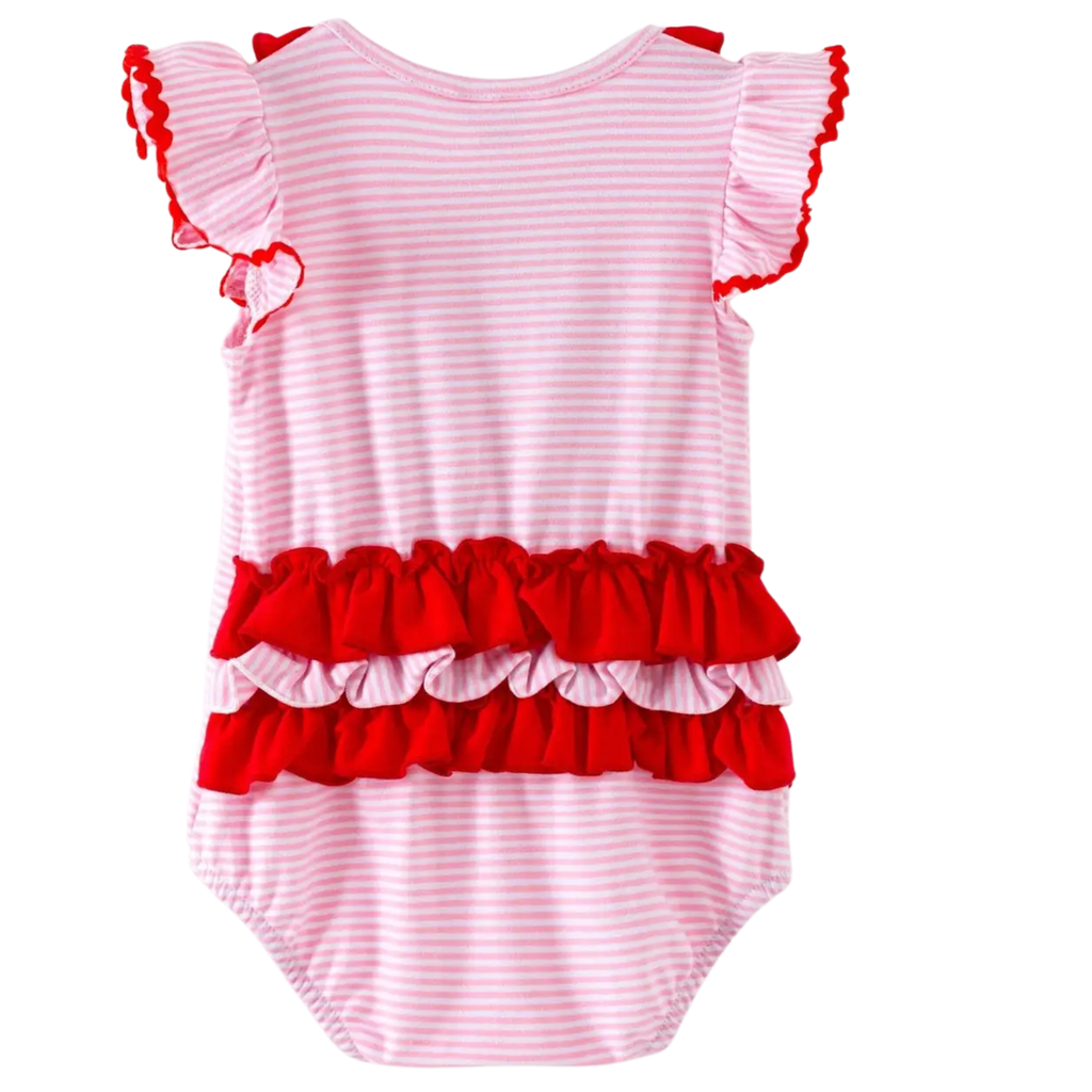 Pink and red striped baby romper with ruffled details on a white background