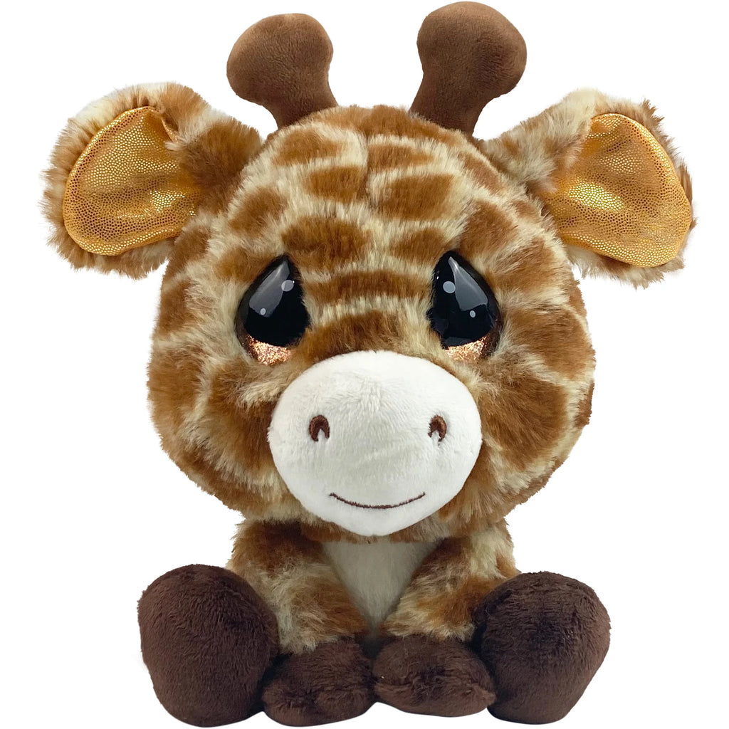 Plush giraffe toy with brown and white pattern on a white background