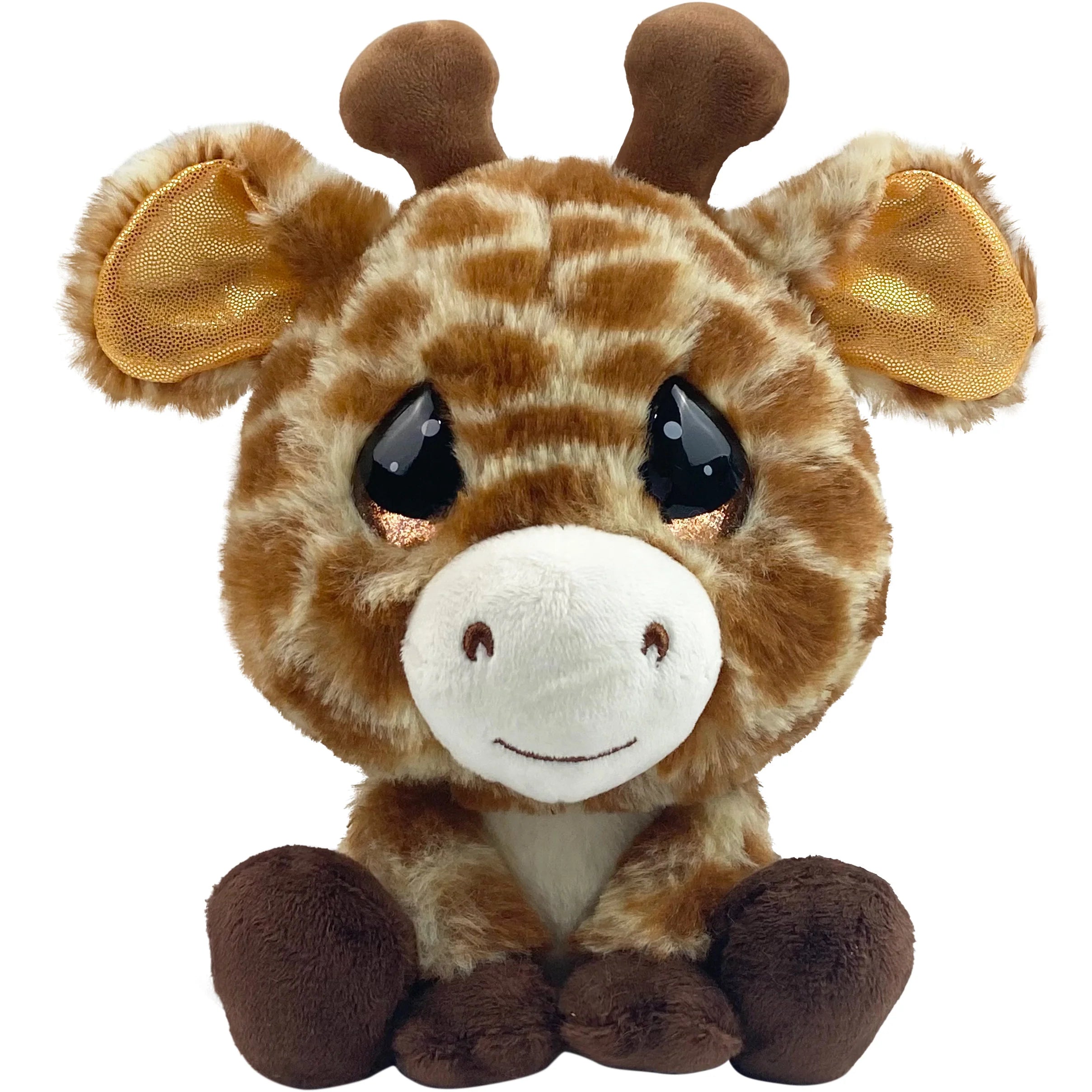 Plush giraffe toy with brown and white pattern on a white background