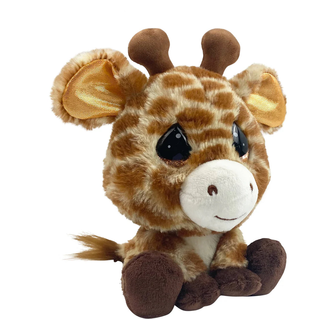 Plush giraffe toy with a bow on a white background