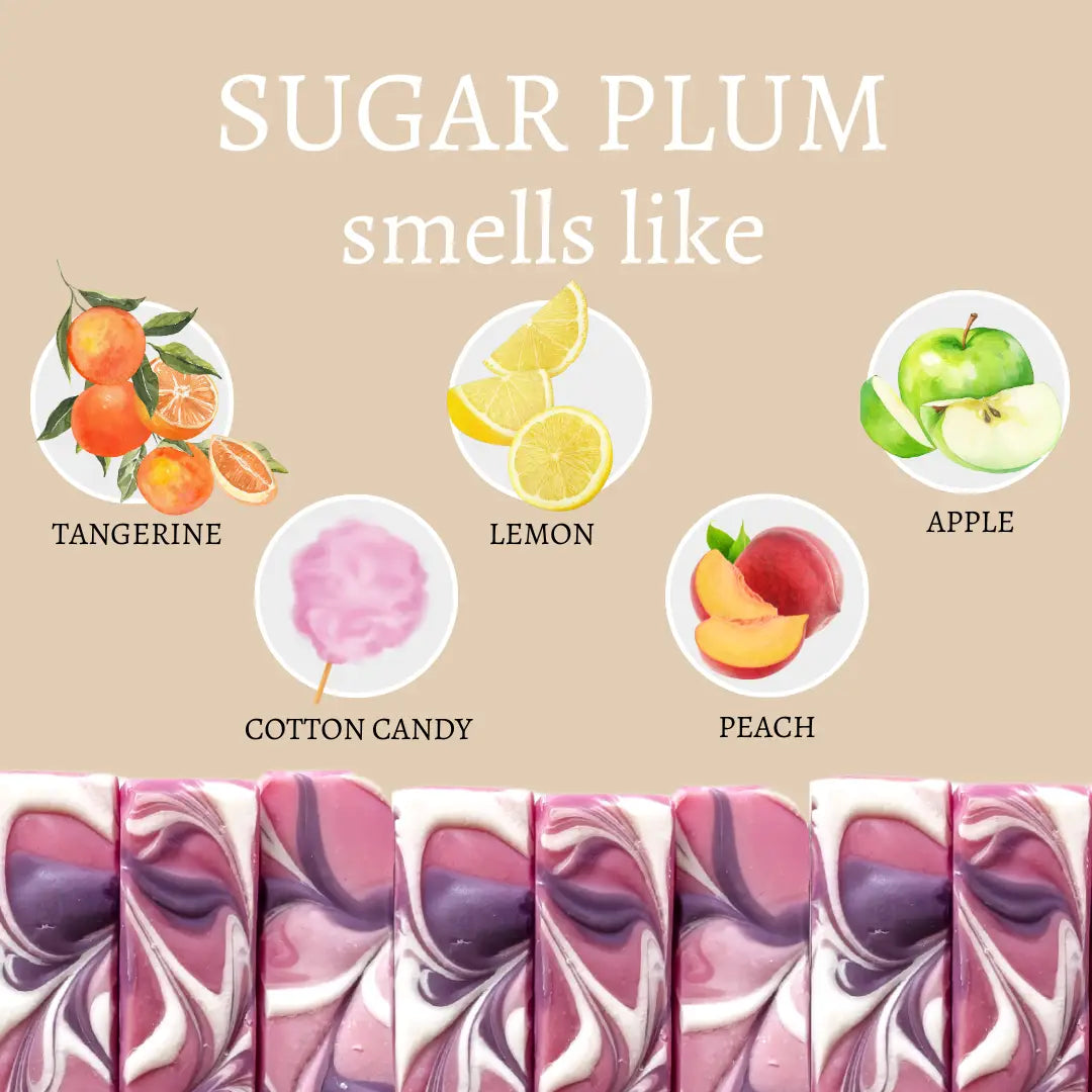 Fragrance notes of tangerine, lemon, apple, cotton candy, and peach with corresponding soap bars.