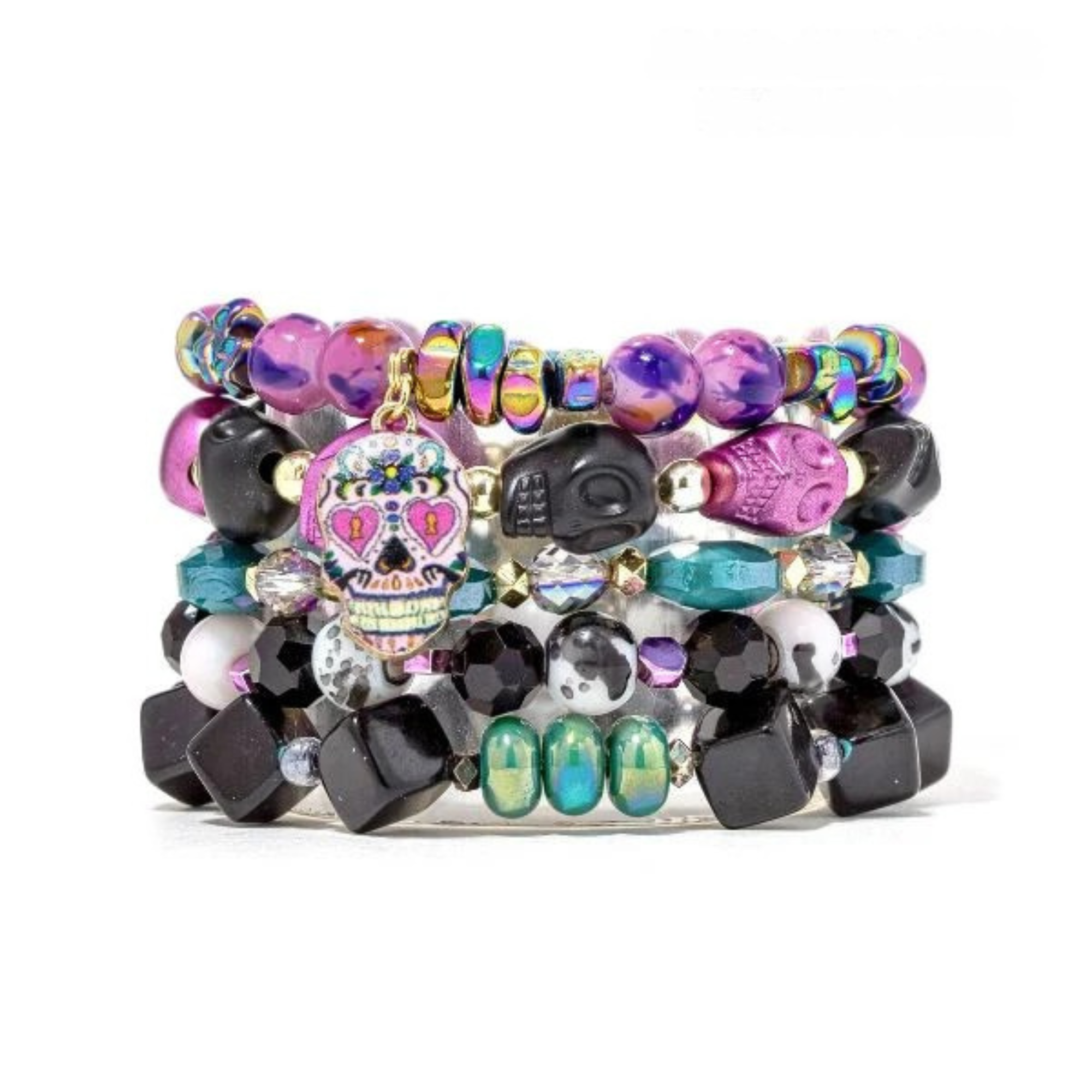 Colorful beaded bracelet with a skull charm on a white background