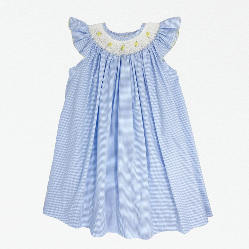 Blue checkered dress with white ruffled neckline on a white background