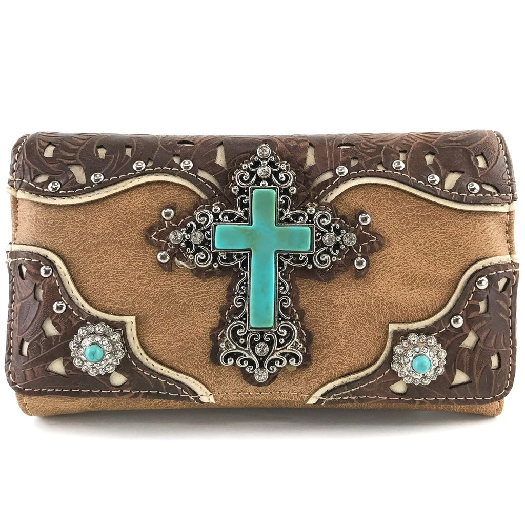 Tan leather crossbody wallet with turquoise cross and decorative elements on a white background