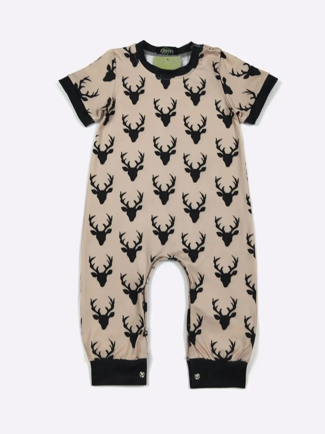 Beige baby romper with black deer pattern on a white background