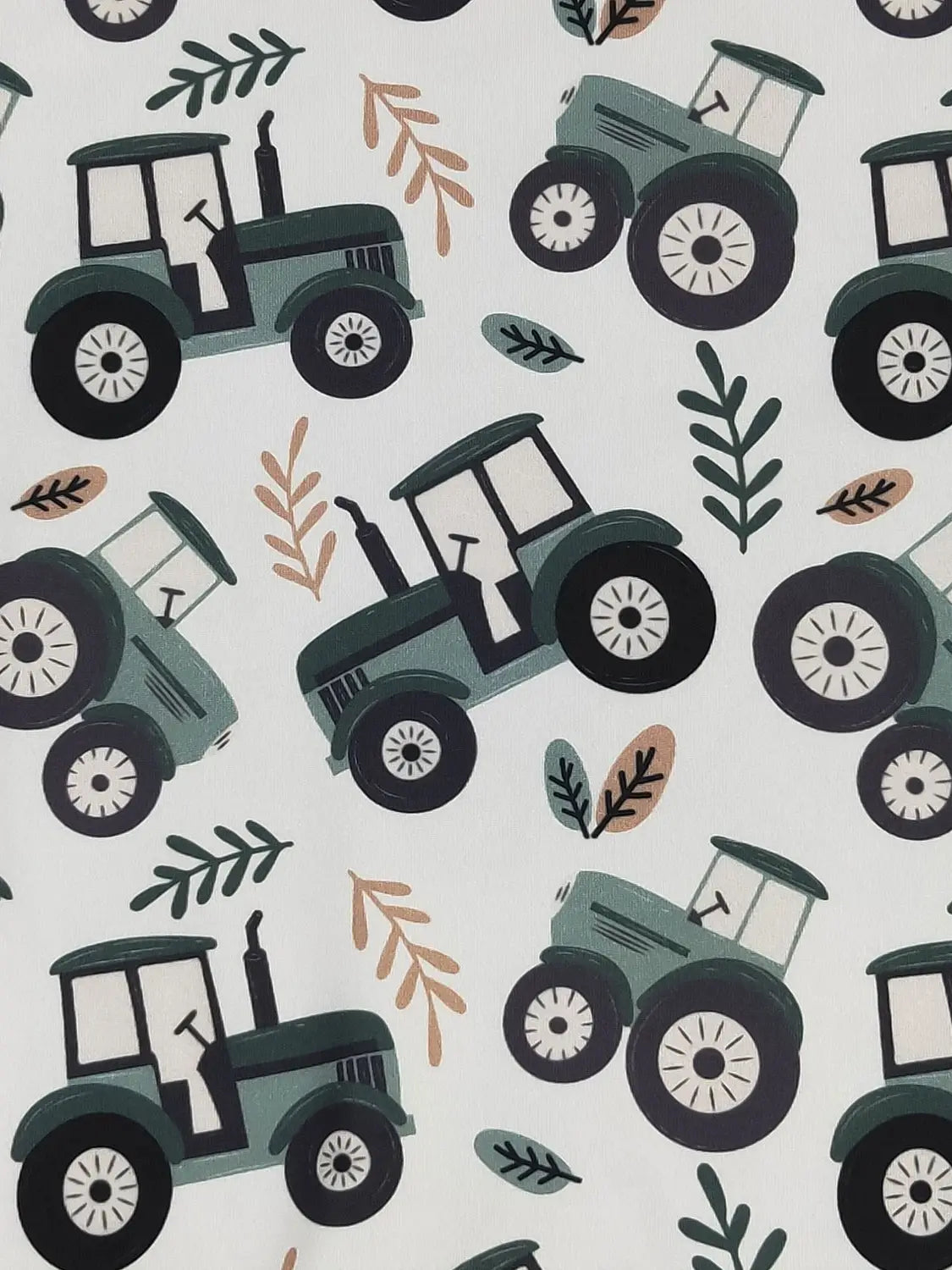 Pattern of green tractors and leaves on a light background