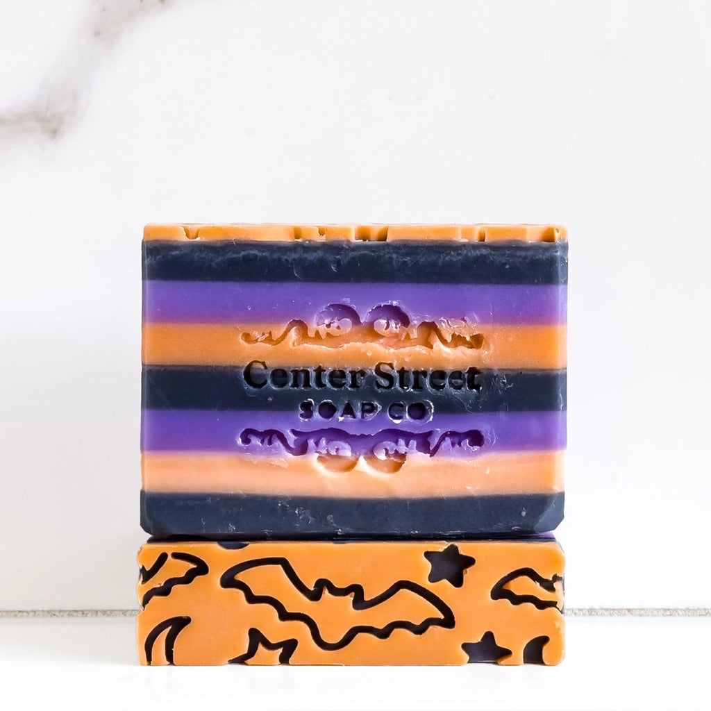 Stack of Halloween-themed soap bars with 'Center Street Soap Co' branding on a white background.