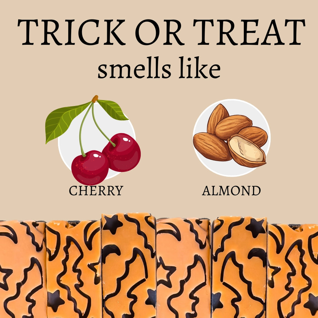 Illustration of cherry and almond with text 'TRICK OR TREAT smells like' on a beige background.