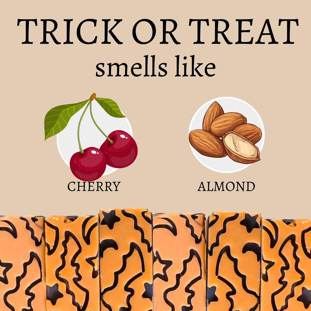 Illustration of cherry and almond with text 'TRICK OR TREAT smells like' on a beige background.
