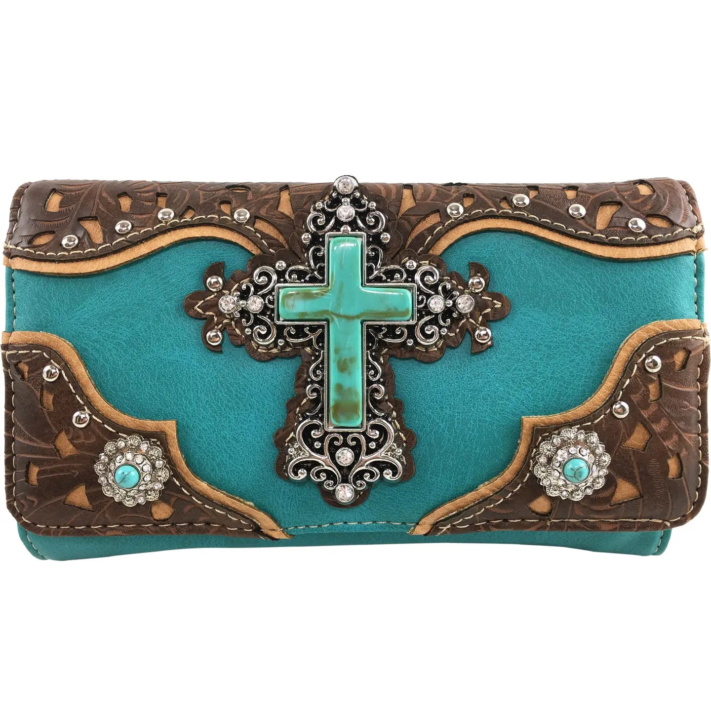 Turquoise crossbody wallet with cross design and decorative elements on a white background