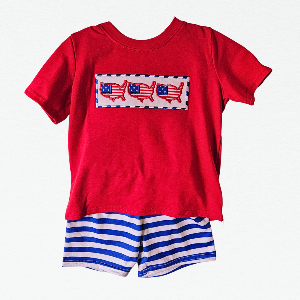 Red t-shirt with American flag design and blue striped shorts on a white background