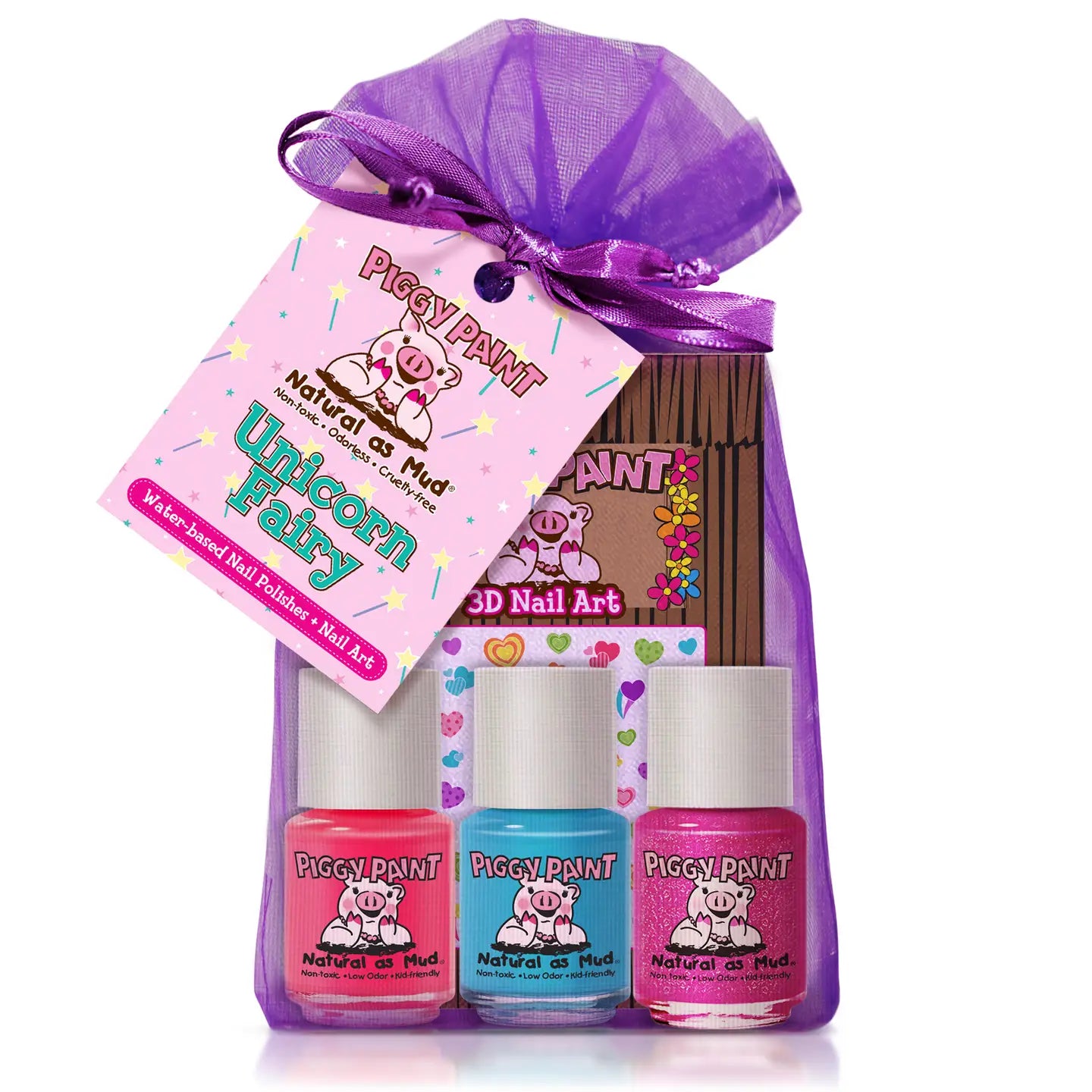 Piggy Paint nail polish set with a purple gift bag on a white background