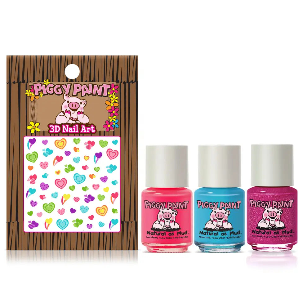Piggy Paint 3D Nail Art set with nail polish bottles and a pack of stickers on a white background