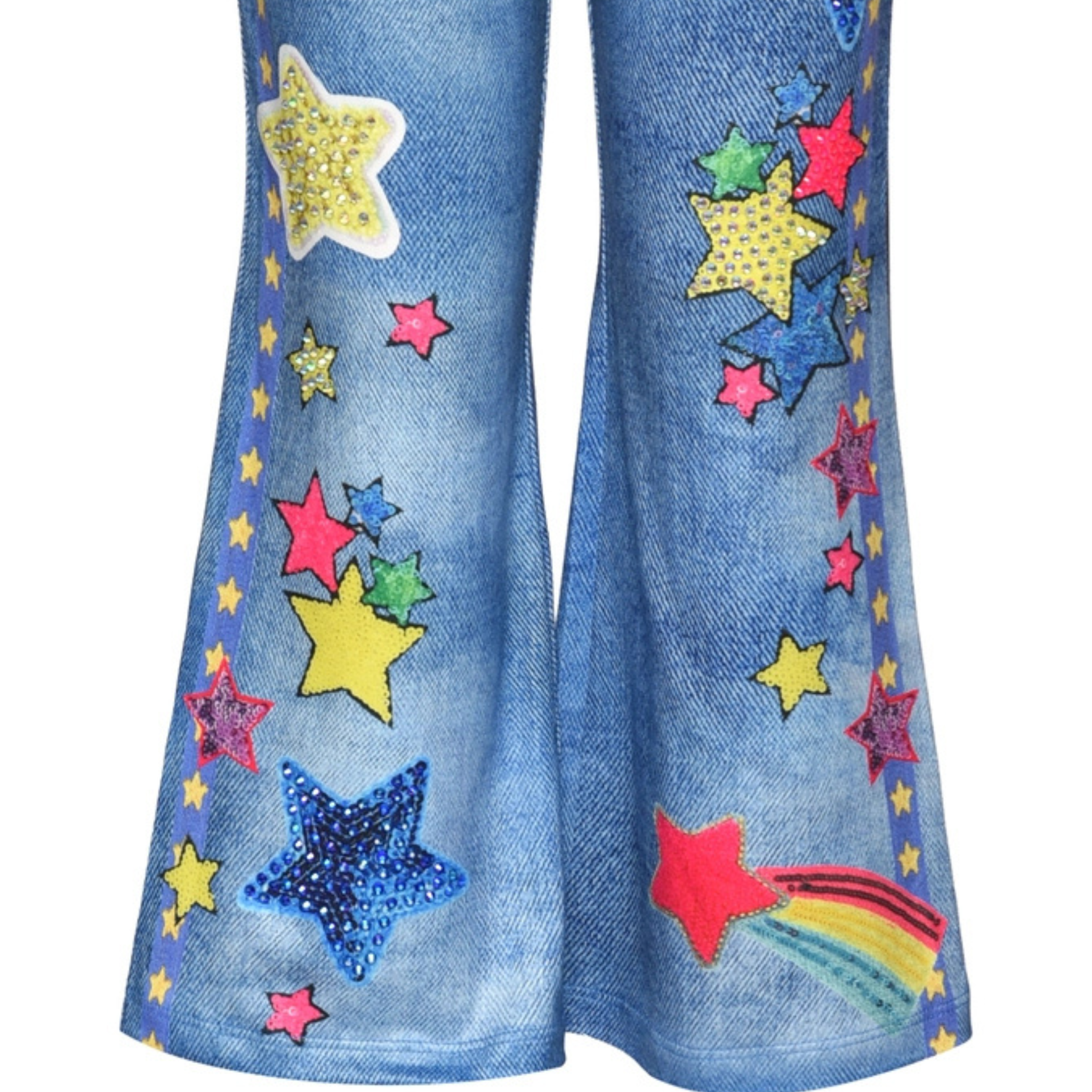 Blue jeans with colorful star patches on a white background