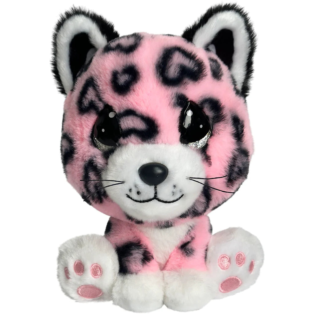 Plush toy leopard with pink and black pattern on a white background