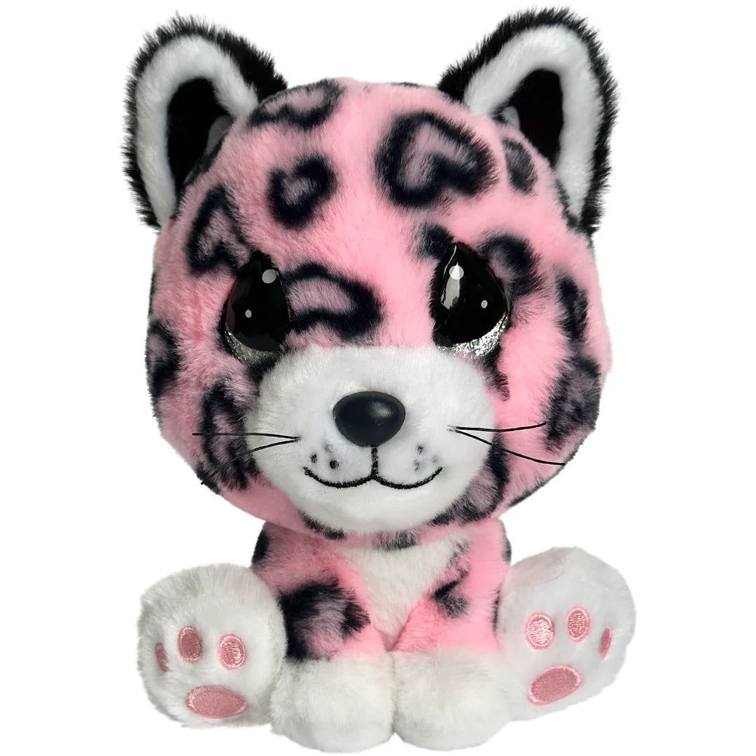 Plush toy leopard with pink and black pattern on a white background