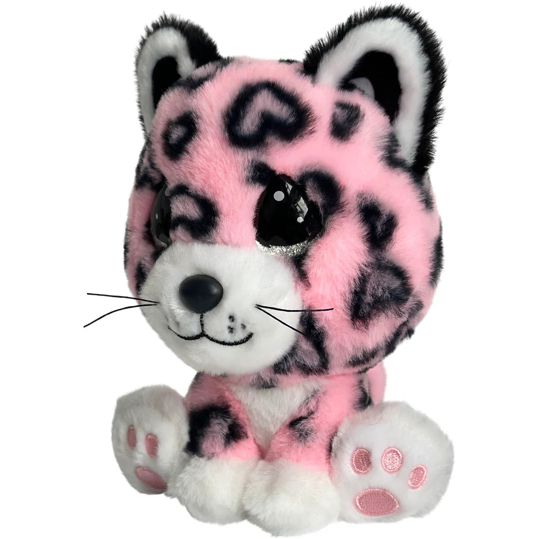 Plush toy with pink and black leopard pattern on a white background