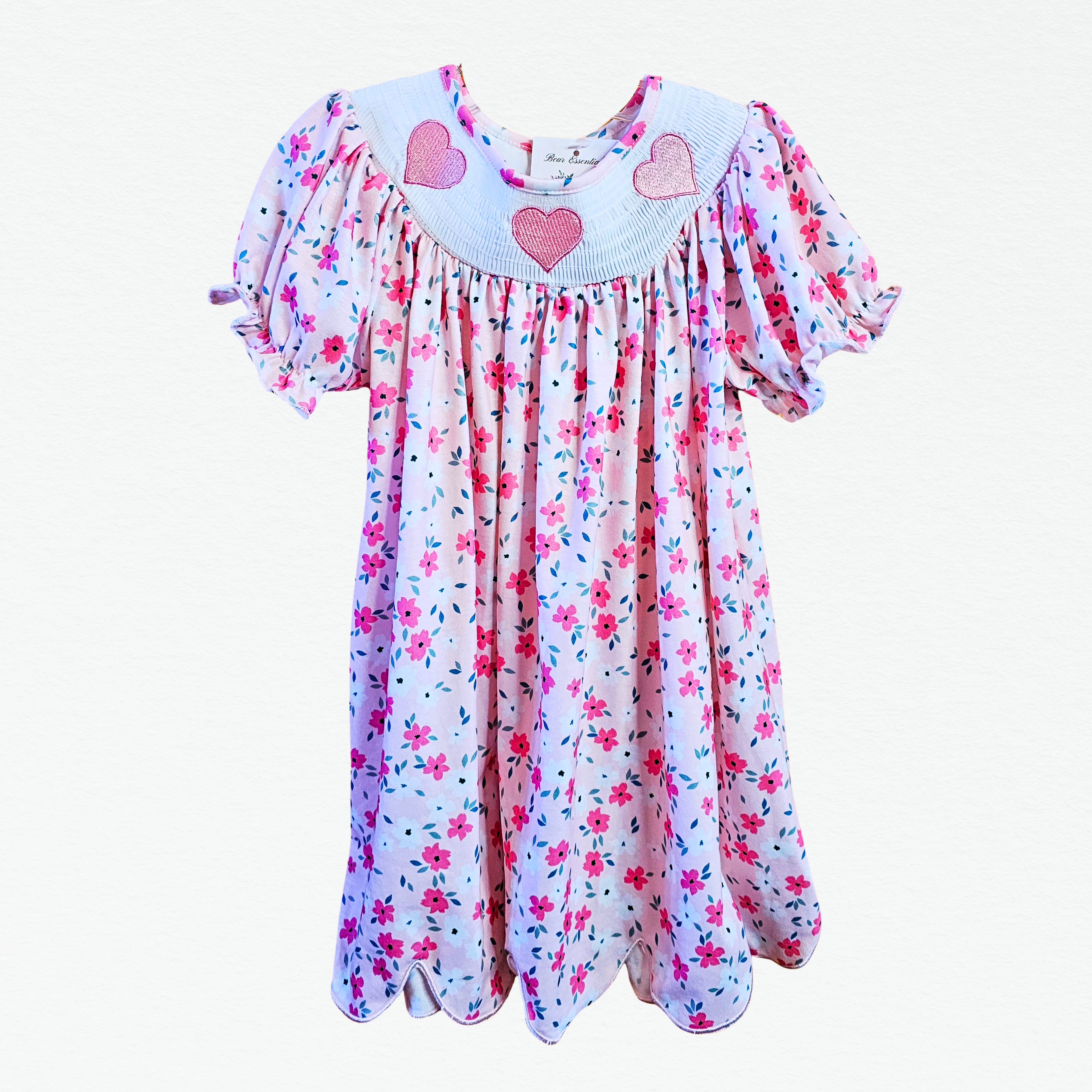 Floral dress with heart patterns on a white background