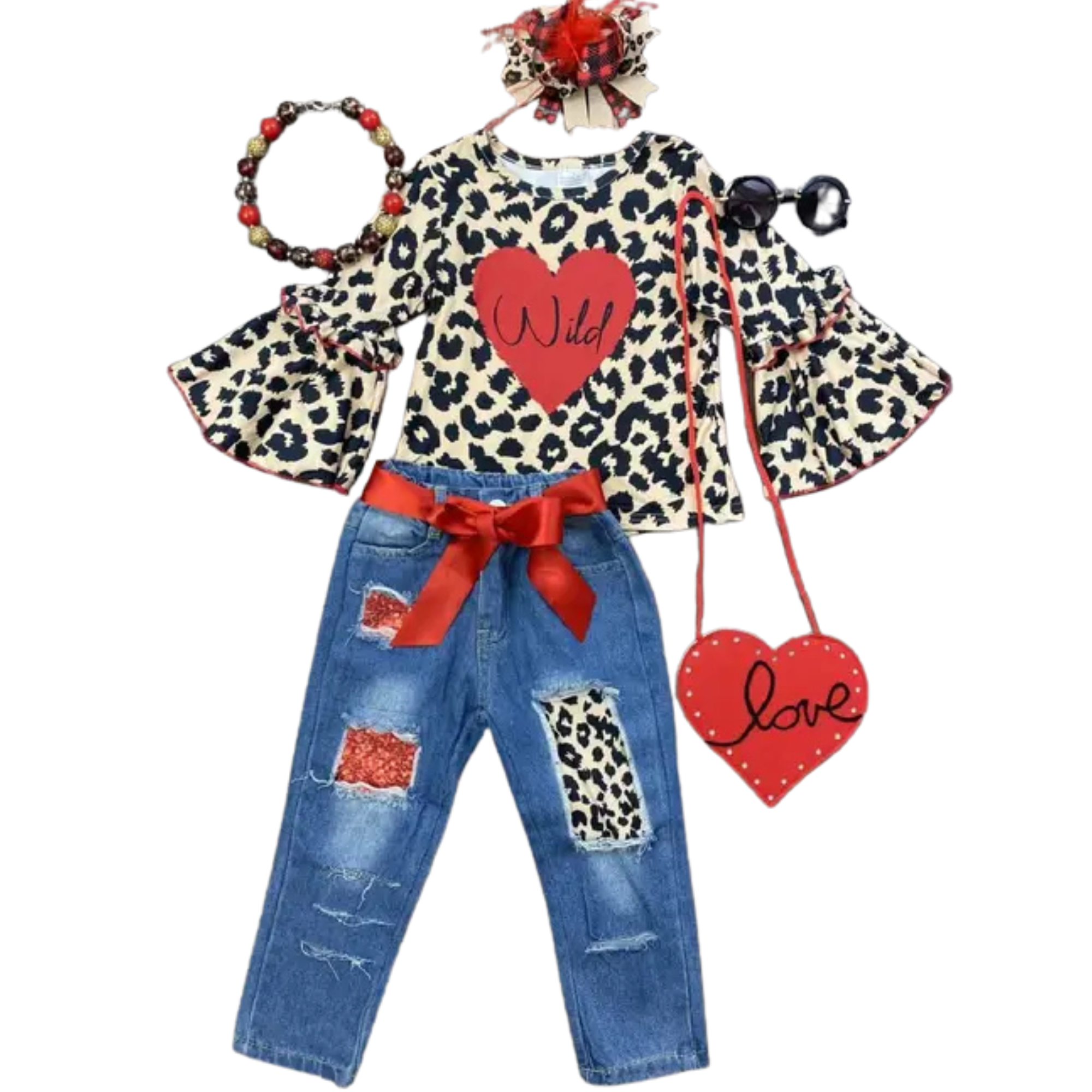 Children's outfit with leopard print top, jeans, and accessories on a white background