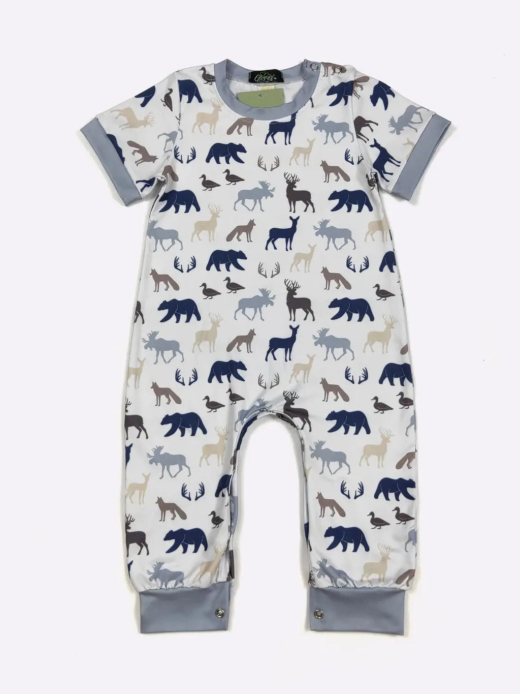 Baby romper with animal pattern on a white background