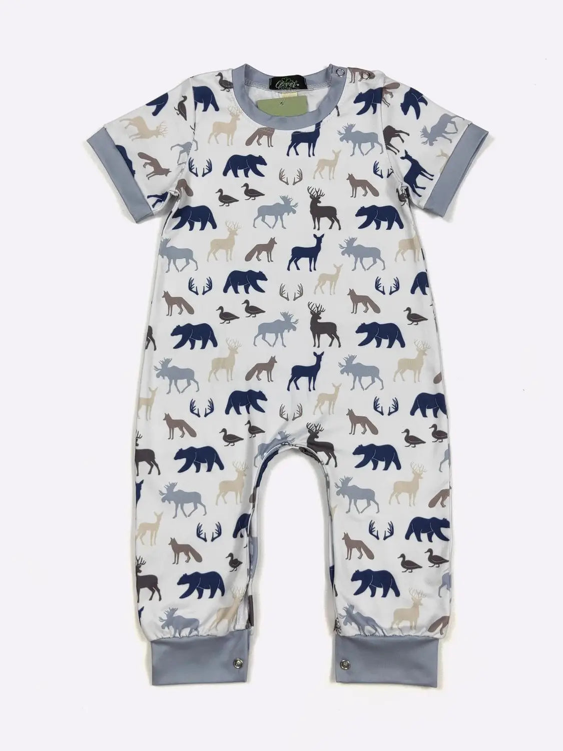 Baby romper with animal pattern on a white background