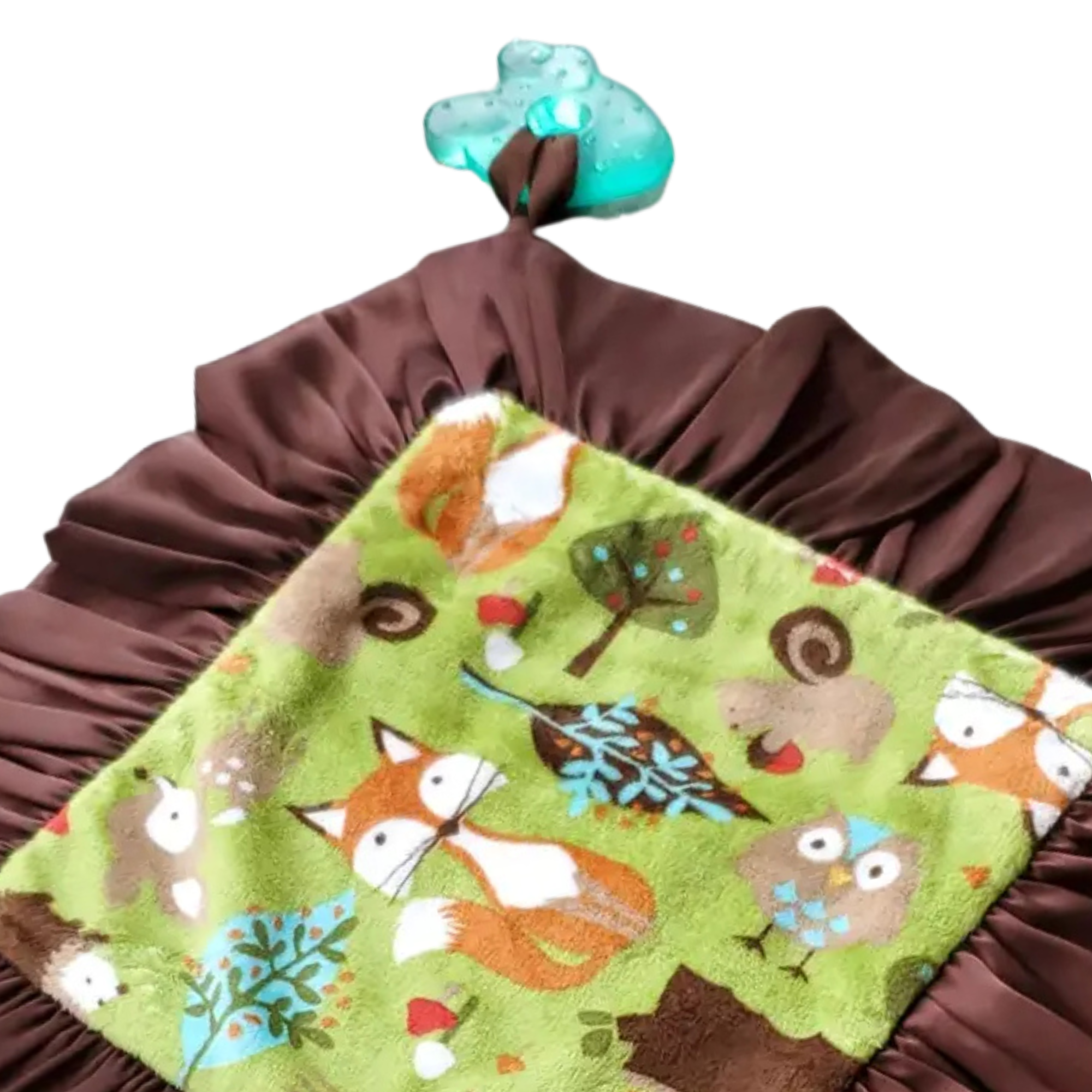 Baby bouncer with brown base and green cover featuring forest animals on a white background