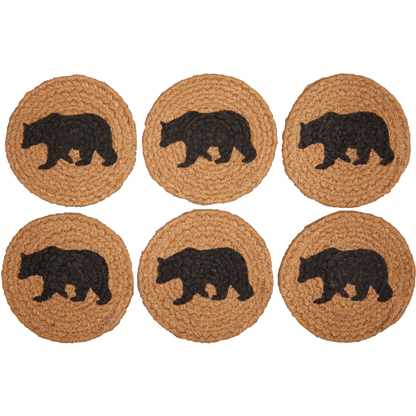 Six round coir coasters with bear illustrations on a white background