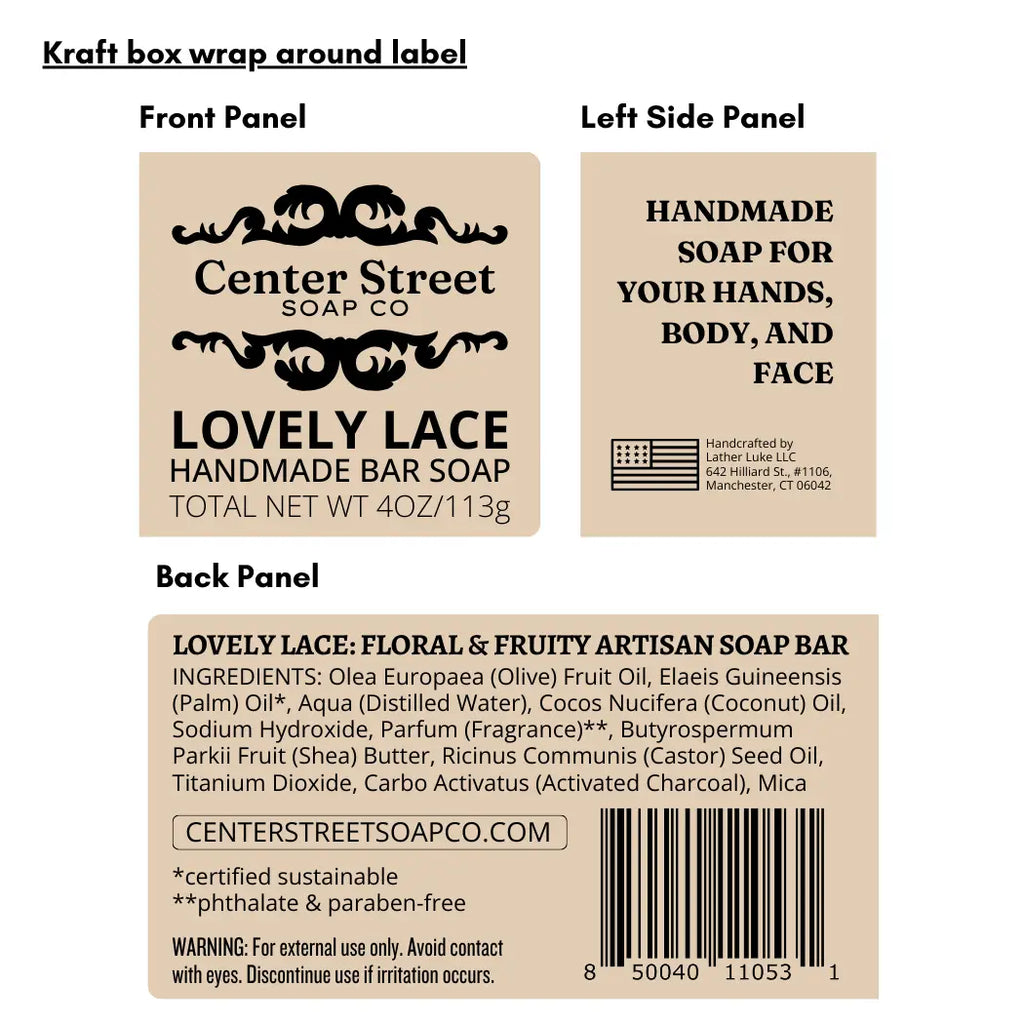 Label design for Center Street Soap Co. Lovely Lace handmade soap bar with branding and product details.