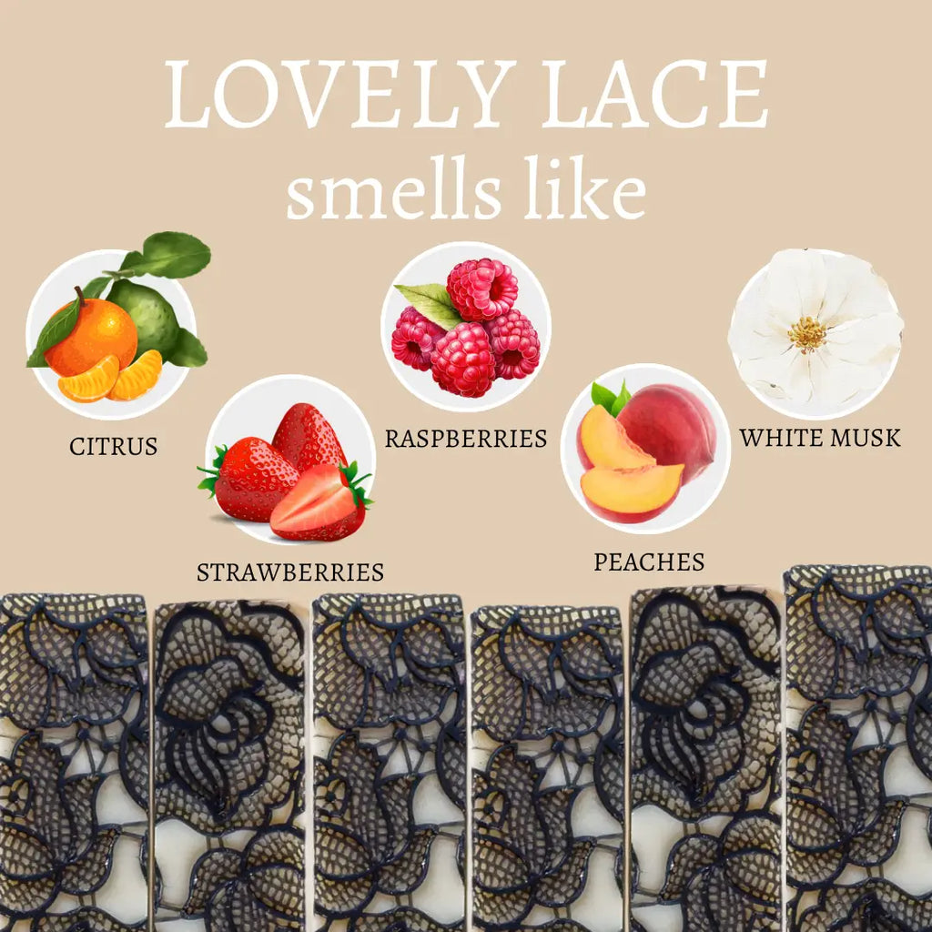 Illustration of lace with scents labeled as citrus, raspberries, white musk, strawberries, peaches, and a floral element.