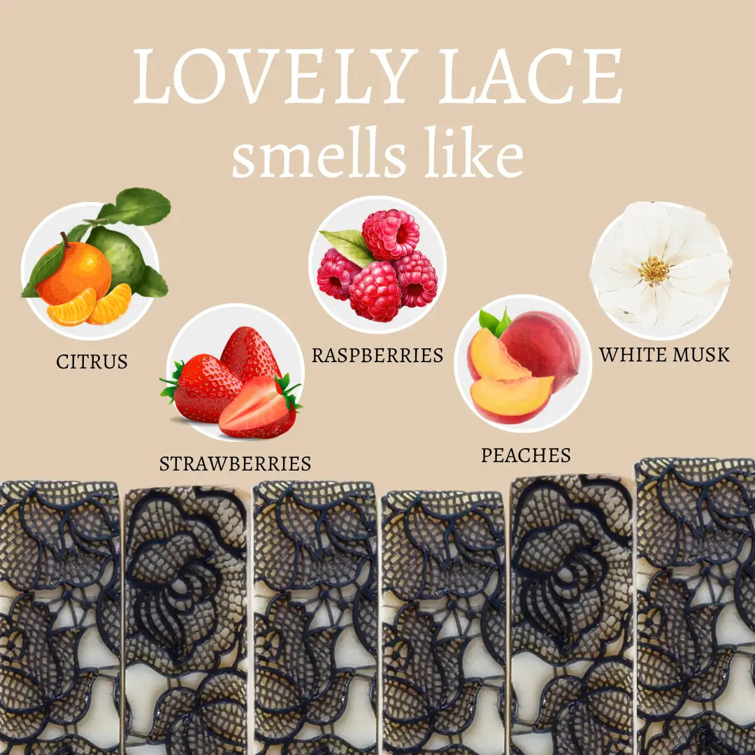 Illustration of lace with scents labeled as citrus, raspberries, white musk, strawberries, peaches, and a floral element.
