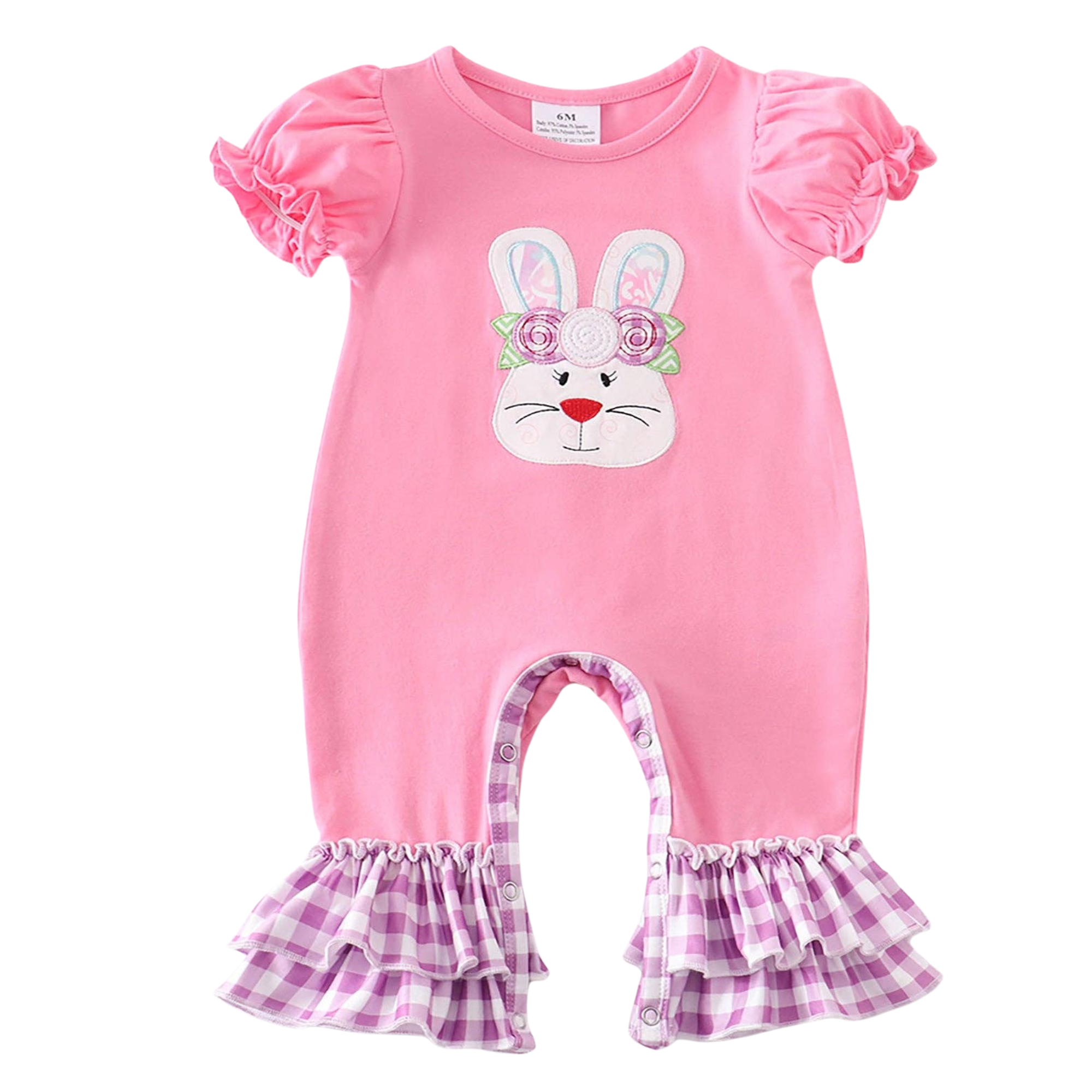Pink baby romper with bunny design on a white background
