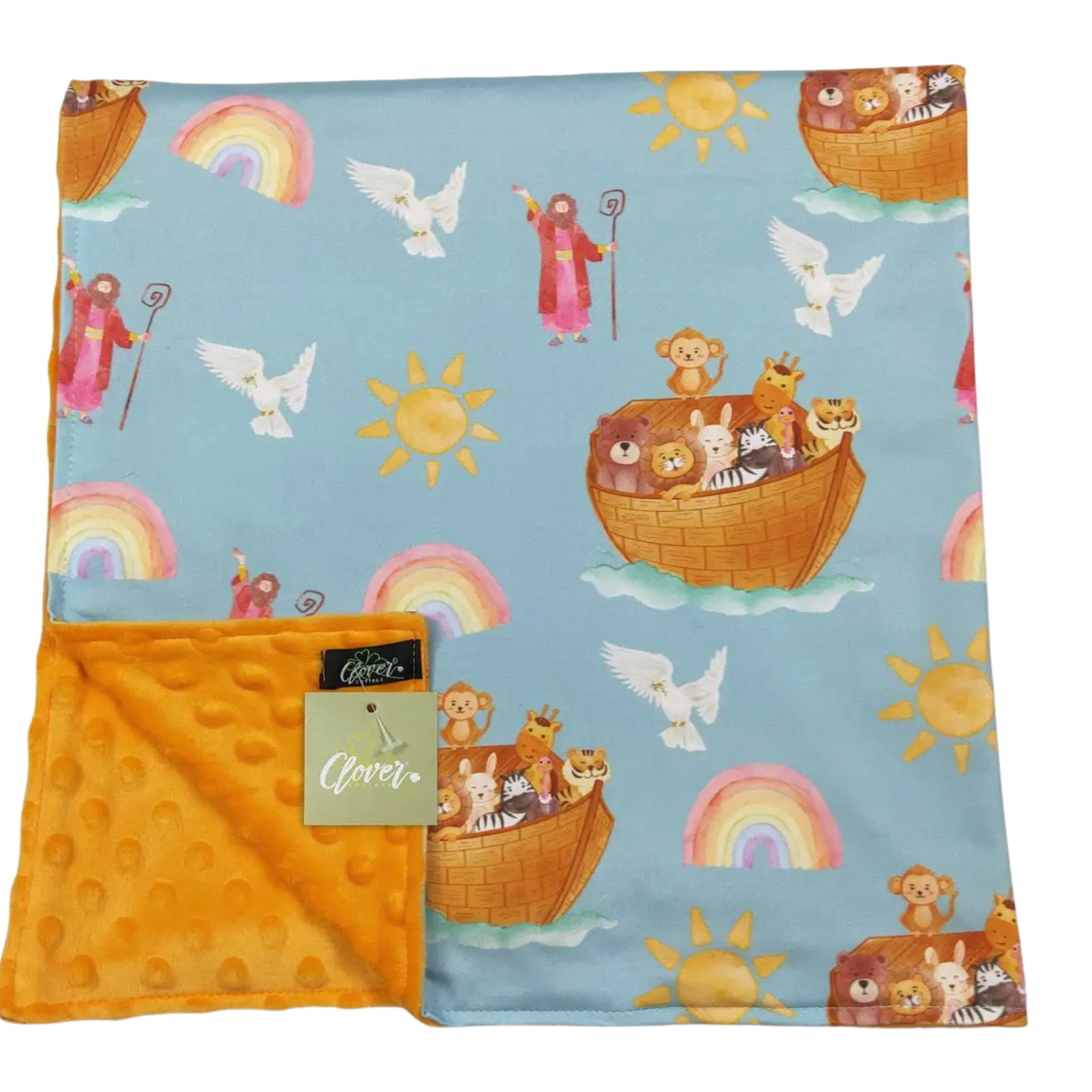 Noah's Ark blanket with cartoon animals, rainbow, and sun on a blue background