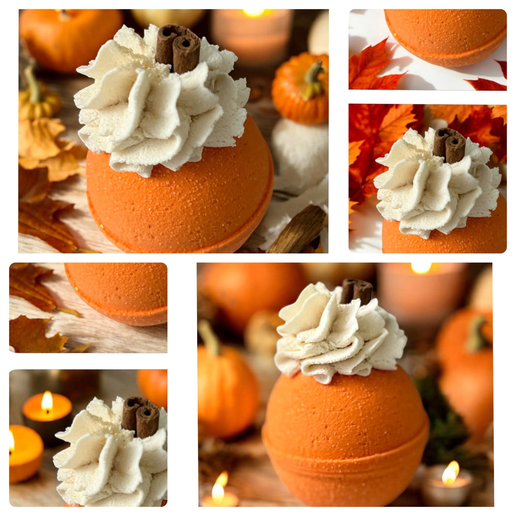 Collage of pumpkin-shaped bath bombs with whipped cream and a cinnamon stick on top, surrounded by pumpkins and candles.