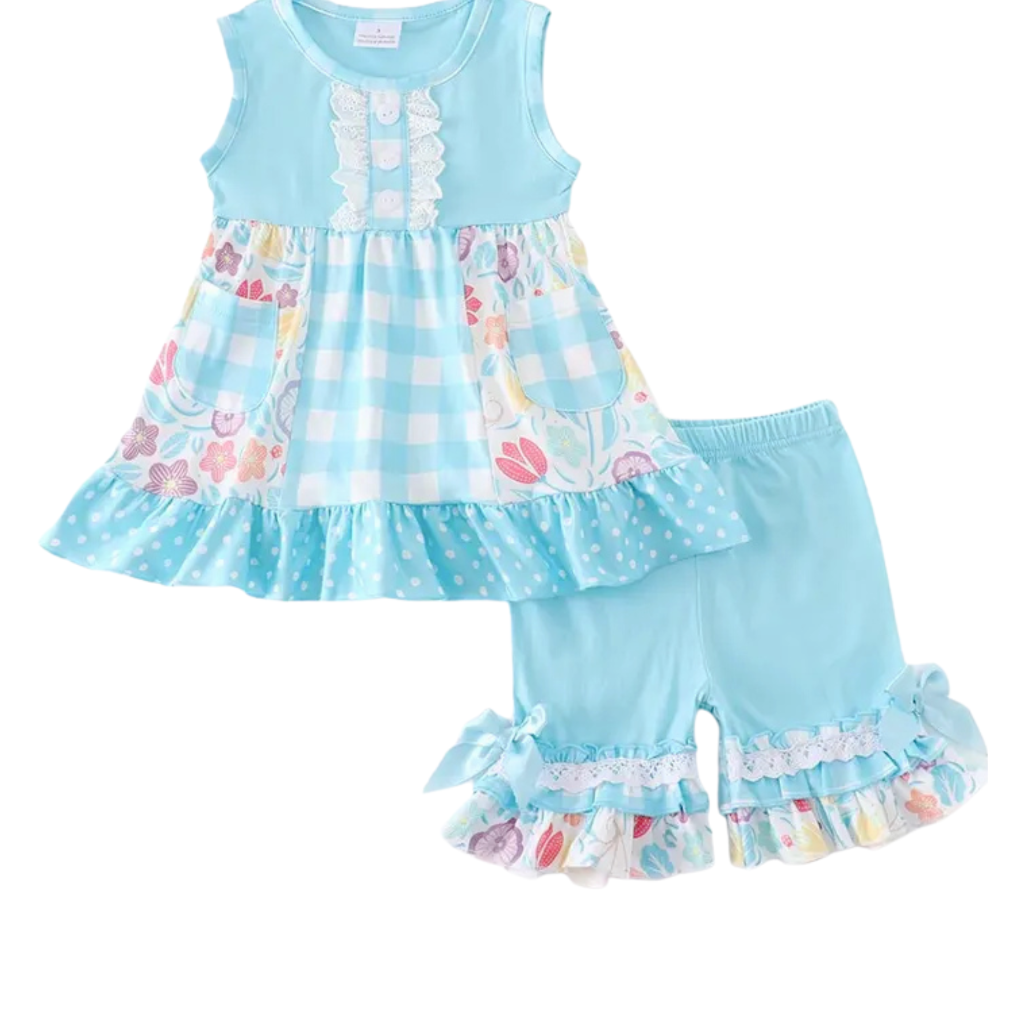 Children's outfit with a blue top and shorts on a white background
