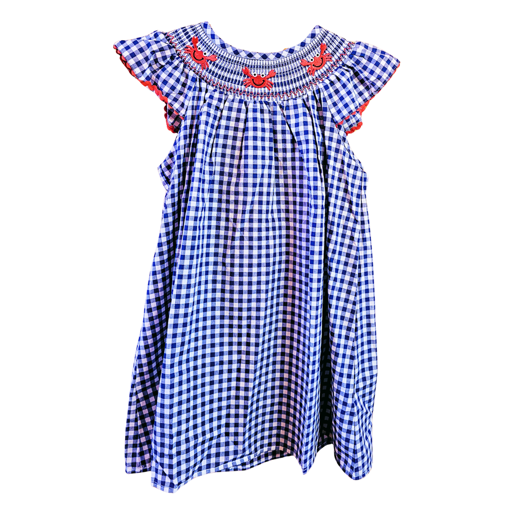 Blue and white checkered dress with red accents on a white background