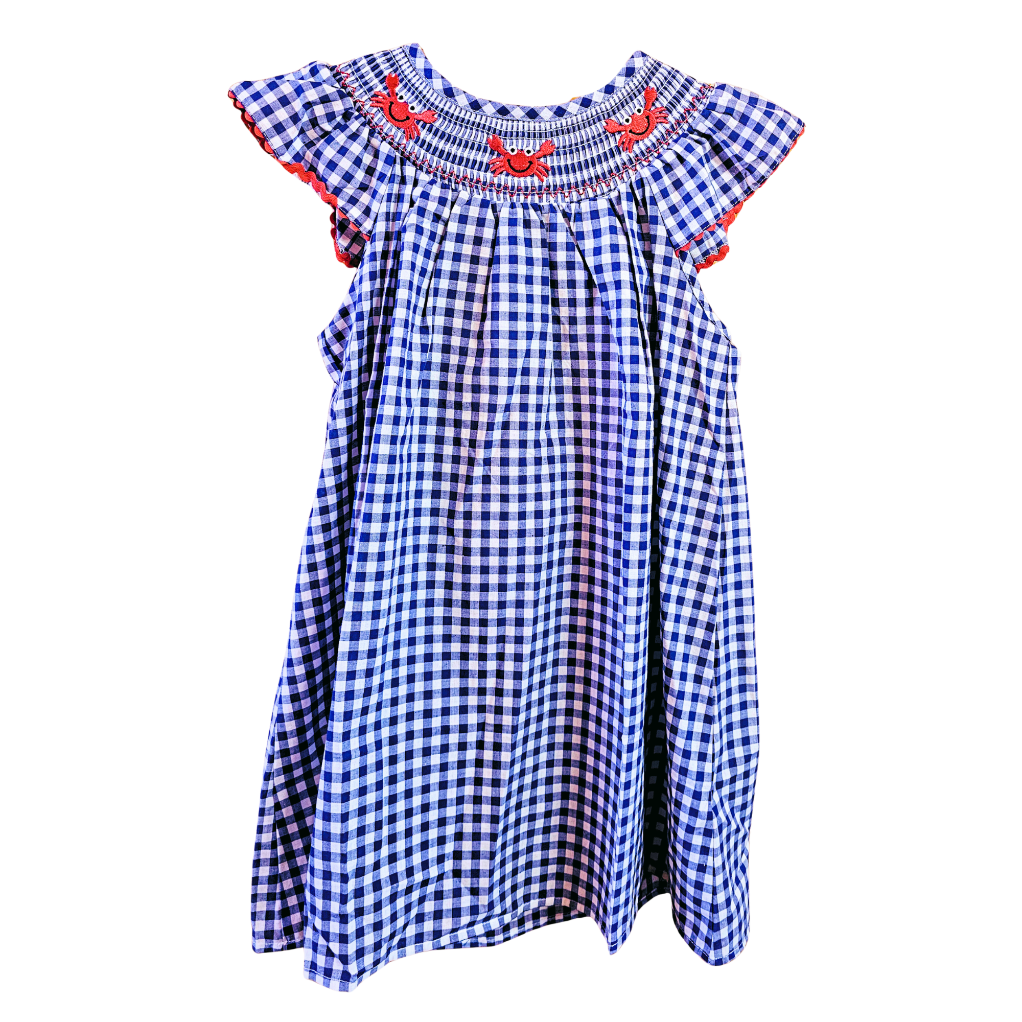 Blue and white checkered dress with red accents on a white background
