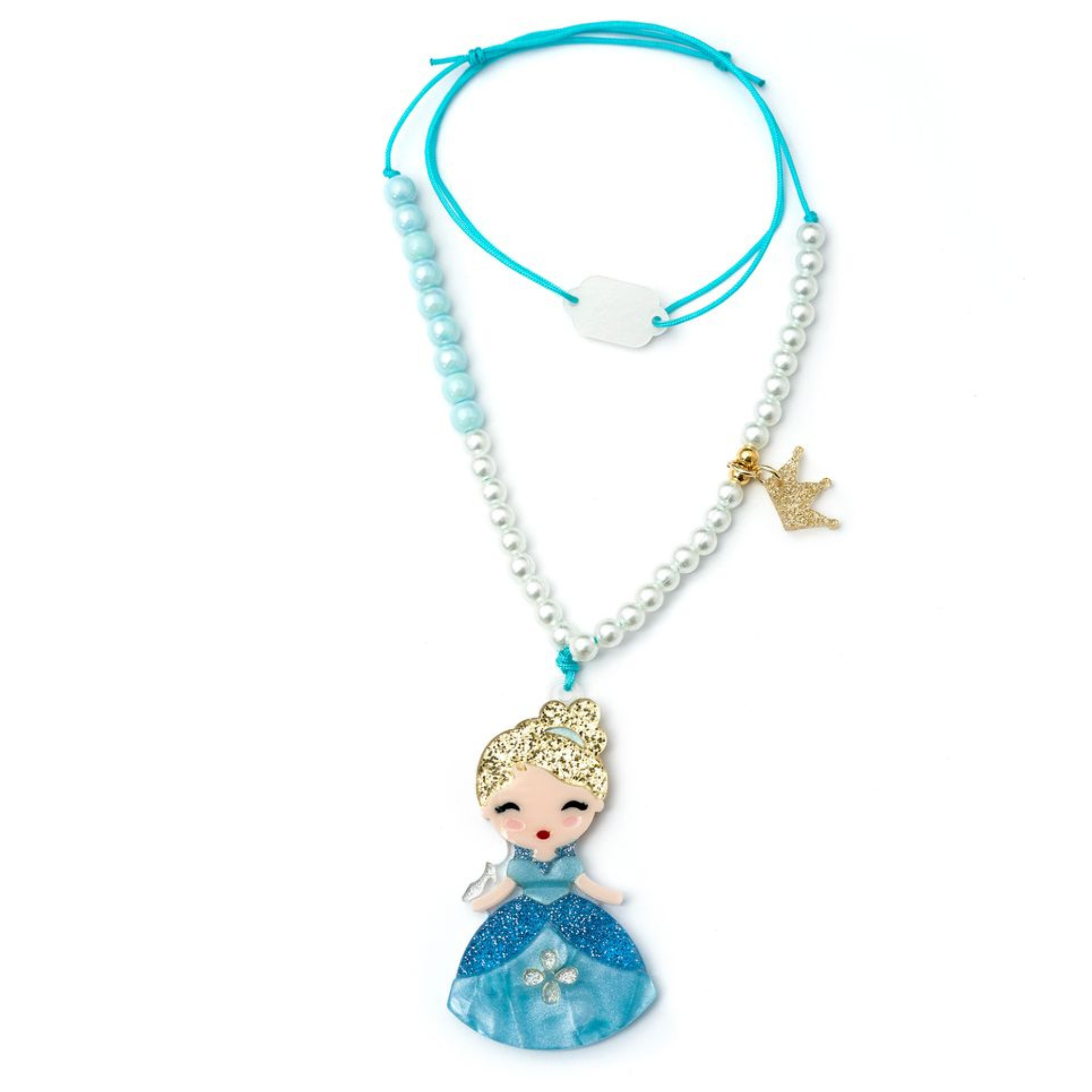 Necklace with a doll pendant and star charm on a white background