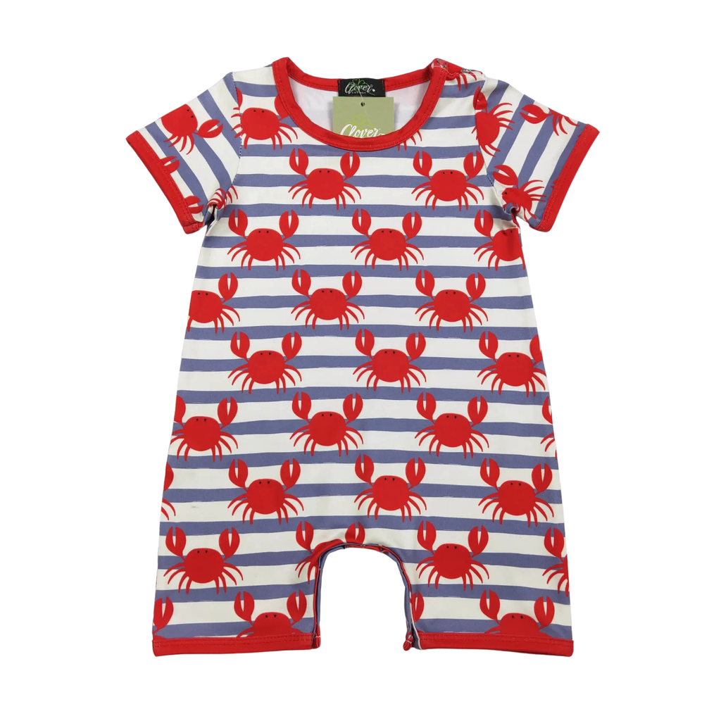 Baby romper with red crab pattern on blue and white stripes