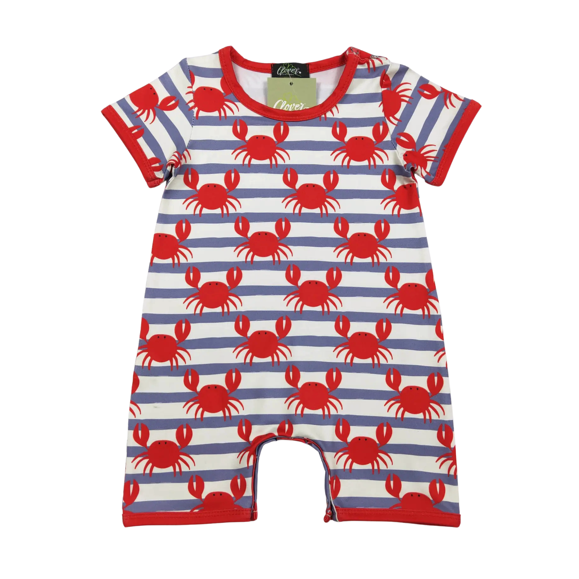 Baby romper with red crab pattern on blue and white stripes