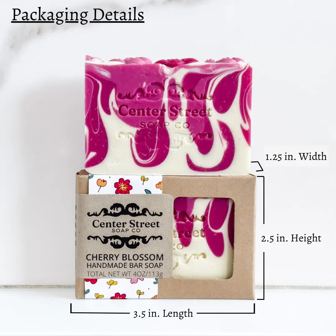 Cherry blossom handmade soap bar with packaging and dimensions labeled