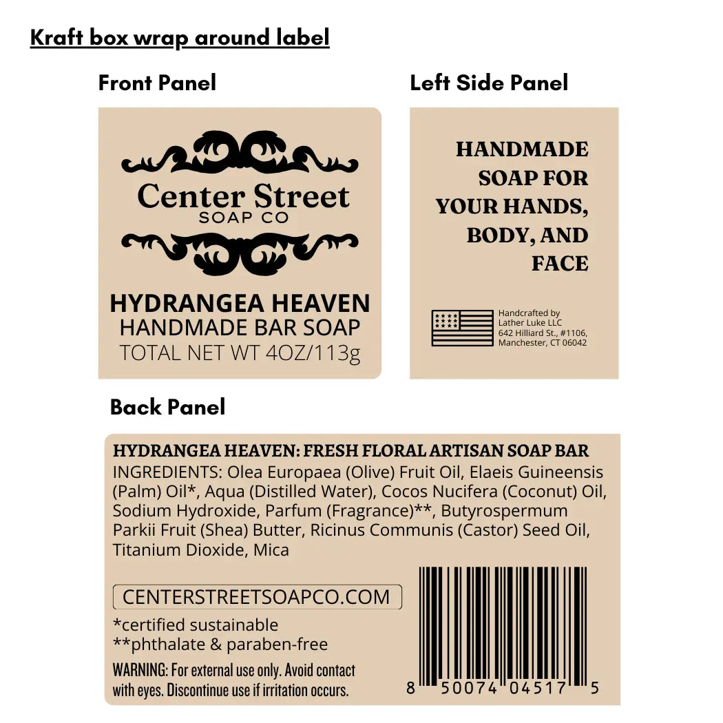 Kraft box wrap with 'Center Street Soap Co' label and soap bar information.