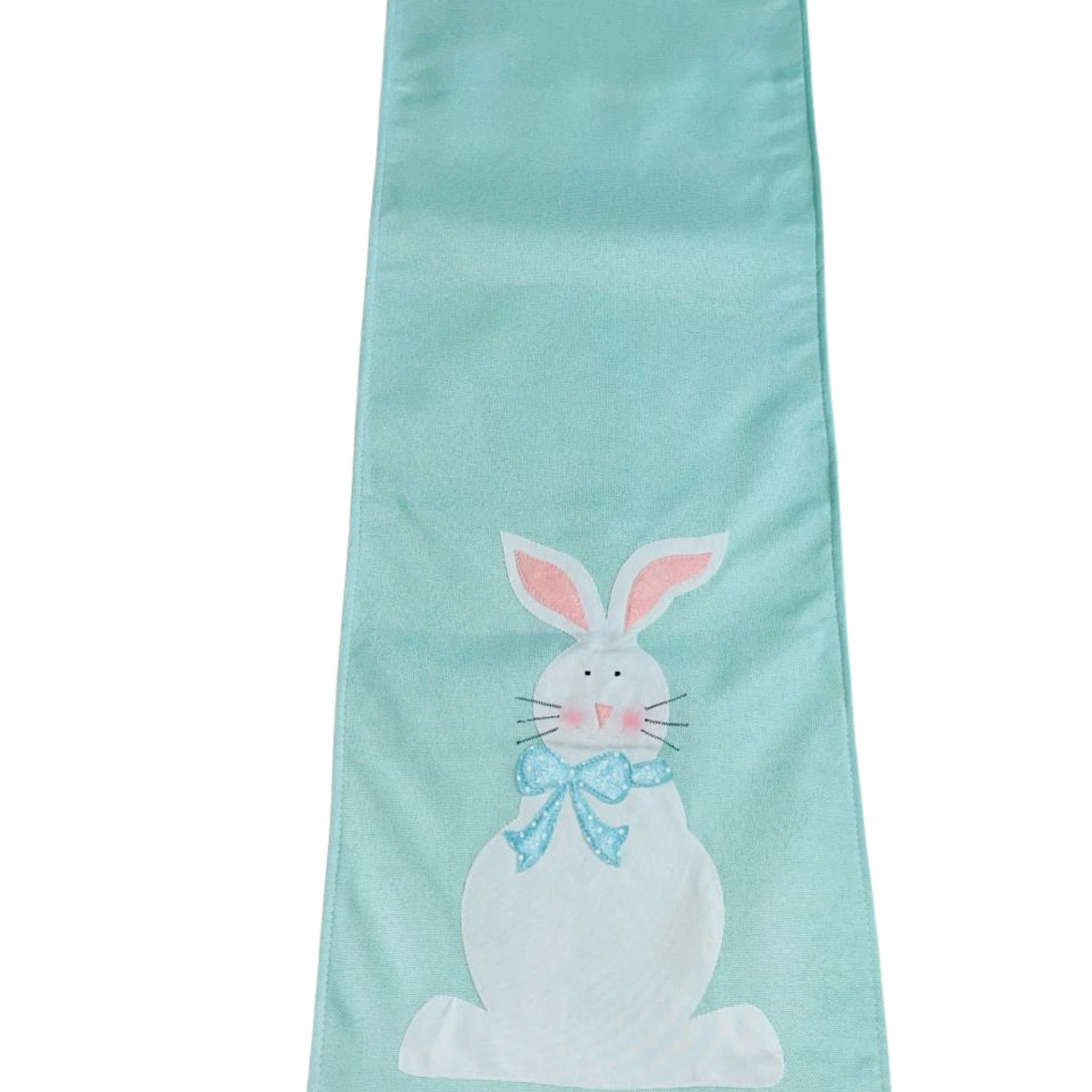 Table runner with a white bunny design on a white background