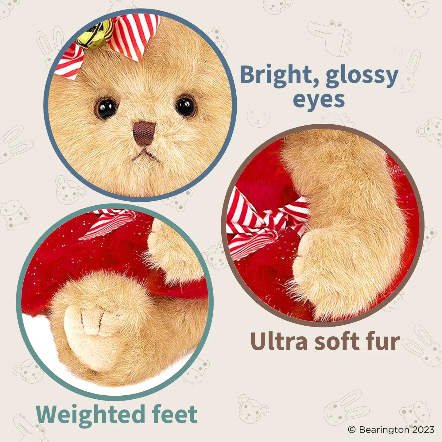 Teddy bear with close-up details on a light background