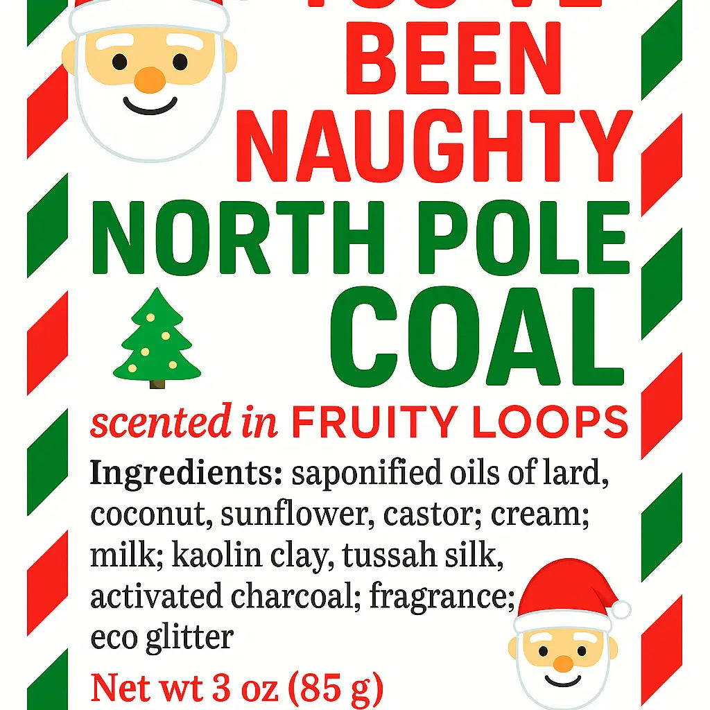 Product label with Santa Claus faces, text about being naughty at the North Pole, and product details.