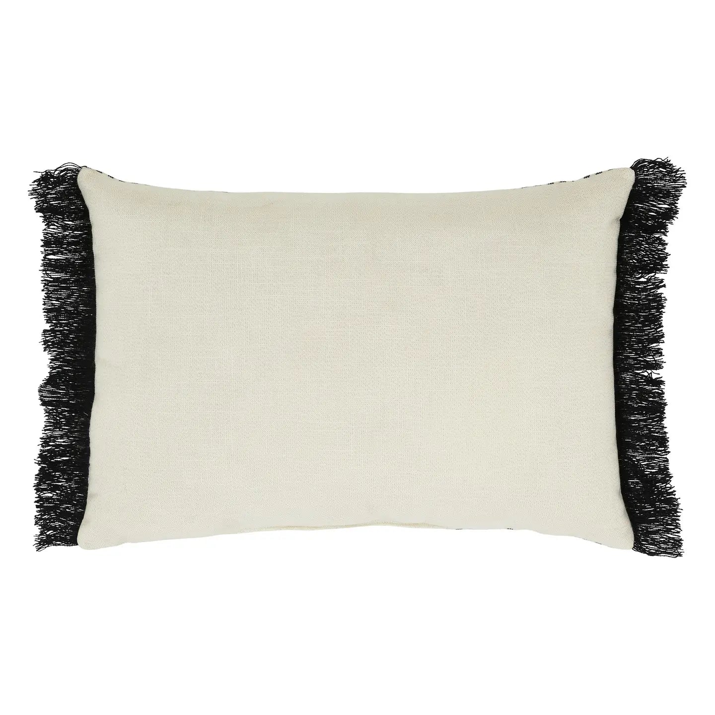 Beige pillow with black fringe on a white background