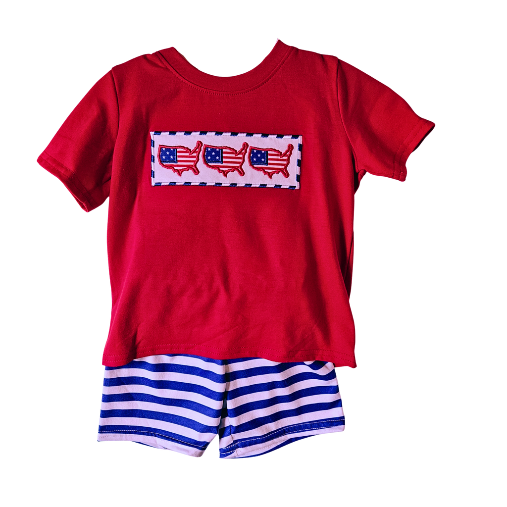 Red t-shirt with American flag design and blue striped shorts on a white background