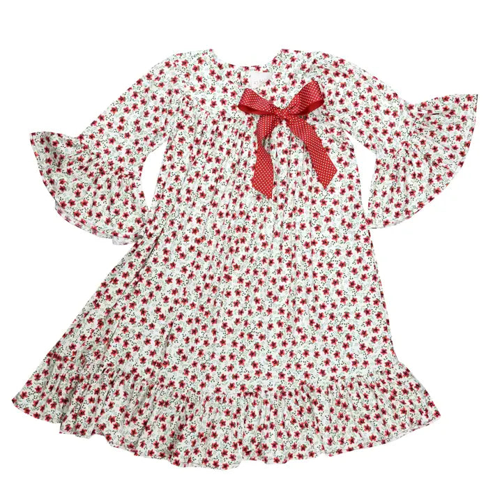Floral dress with a red bow on a white background