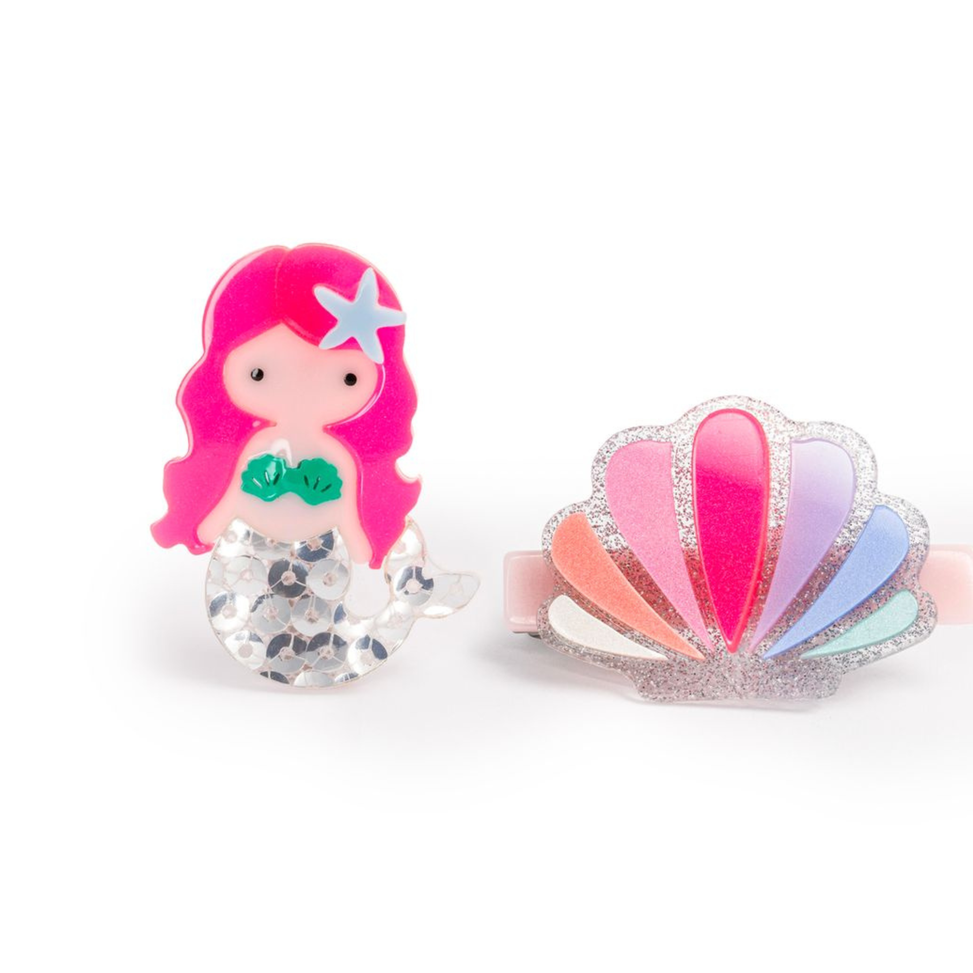 Mermaid-themed hair clip with pink hair and starfish on a white background